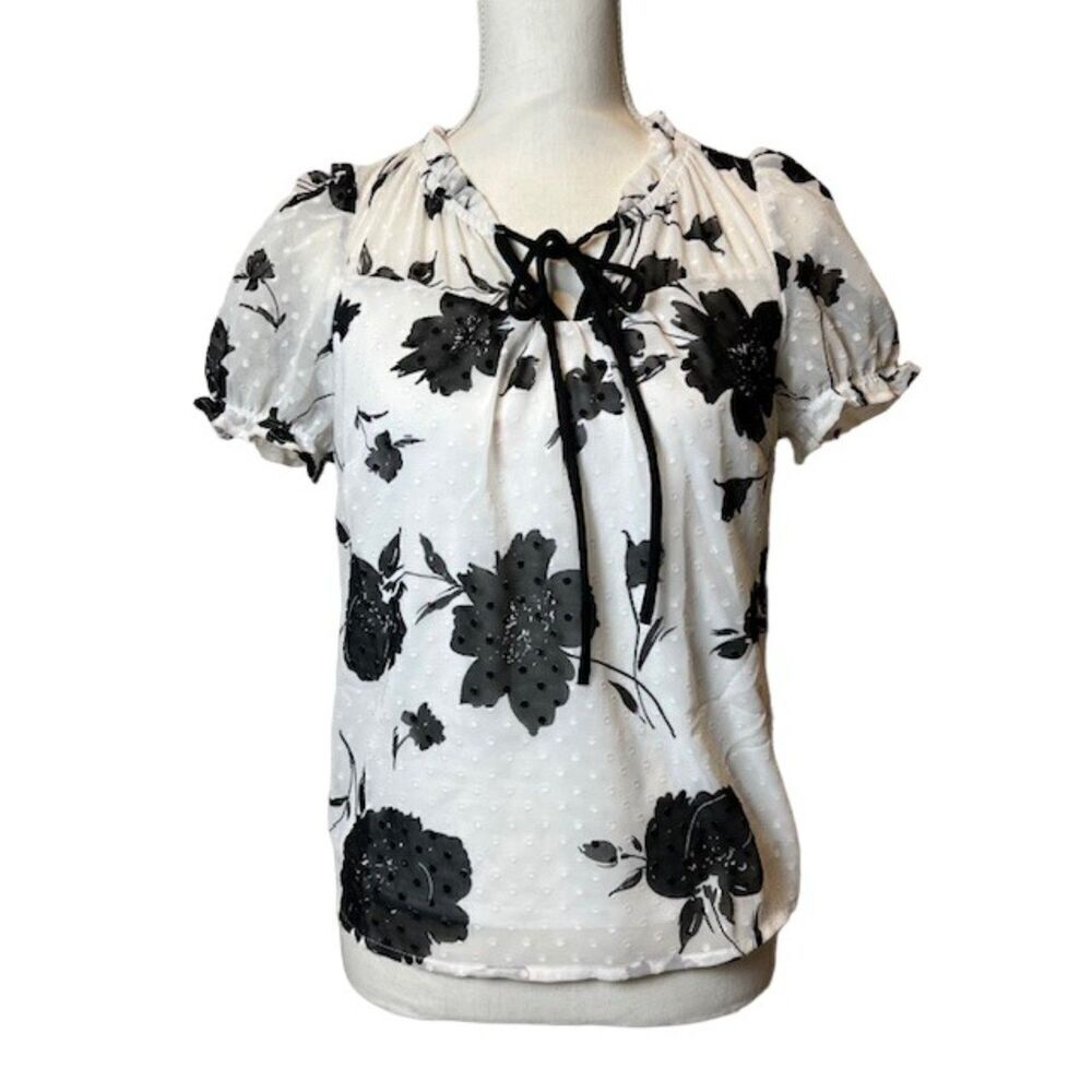 Monteau Blouse White With Black Floral Lined Puff Sheer Sleeve Tie Neck Small